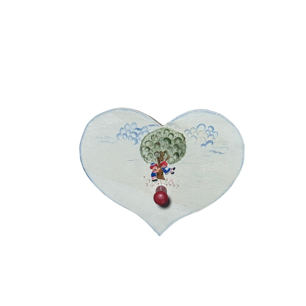 Raggedy Ann & Andy Hand Painted Wood Heart Wall Plaque Peg Hook Folk Art